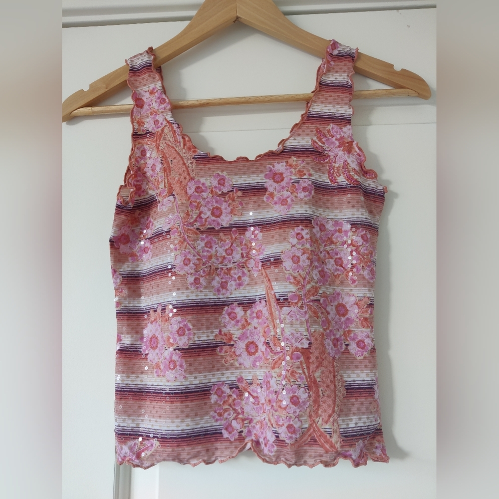 Bebe Floral Striped Pink Sequin Top